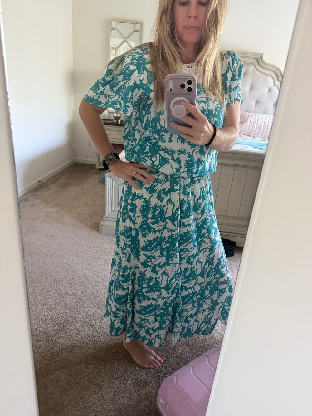 Printed Teal & White Short Sleeve Maxi Dress